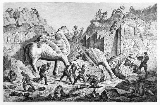 archaeological excavation with several chaldean workers finding old Lamassu in Khorsabad. Ancient grey tone etching style art by Regis, Le Tour du Monde, 1861