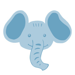 Face character elephant isolated on white background. Cute cartoon character with trunk blue color in doodle style.