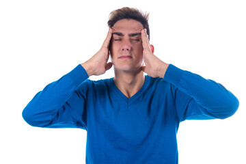 Fototapeta premium Headache and migraine. Young man. White background.