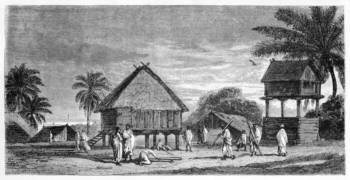 people dressing tunics and living in a village with huts and pigeon house in Madagascar. Ancient grey tone etching style art by B�rard, Le Tour du Monde, 1861
