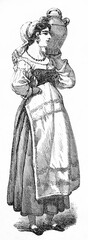 Fototapeta na wymiar isolated on white full body of neapolitan maid servant holding amphora on her shoulder, Italy. Ancient grey tone etching style art by Georgia, Le Tour du Monde, 1861