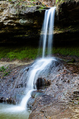 Beautiful small waterfall in Europe, Moldova. Landscape with river. Clean water in nature.