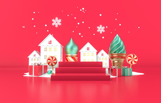 Red Christmas podium background with Christmas tree. 3d render.