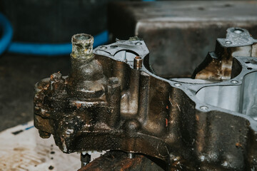Motorcycle engines awaiting maintenance and engine repair.	