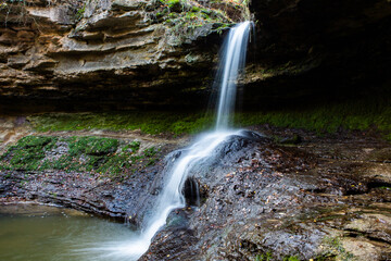 Beautiful small waterfall in Europe, Moldova. Landscape with river. Clean water in nature.