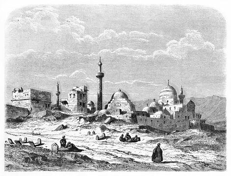 Arabian cemetert in the warm ground in Mosul surroundings. Ancient grey tone etching style art by Flandin, Le Tour du Monde, 1861