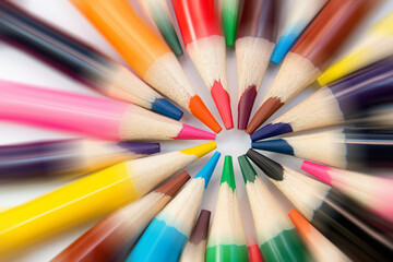 Fototapeta premium An assortment of colour pencils in circle, spiral on white backg