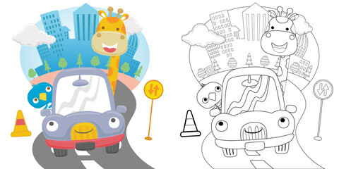 Cartoon of giraffe and bird on funny car in city road, coloring book or page