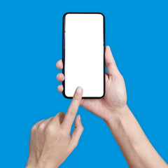 Hand holding Mobile phone white screen on blue background