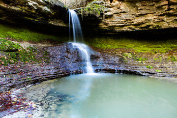 Beautiful small waterfall in Europe, Moldova. Landscape with river. Clean water in nature.