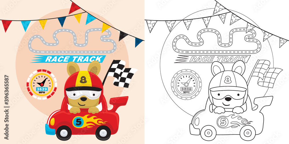 Wall mural race car cartoon with funny racer carrying finish flag, coloring book or page