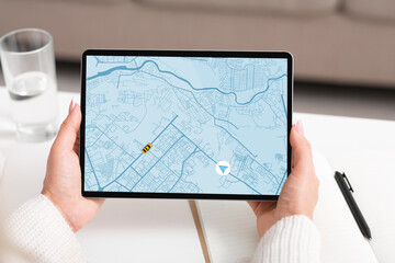 Taxi Service App. Woman Holding Digital Tablet, Tracking Cab Geolocation On Map