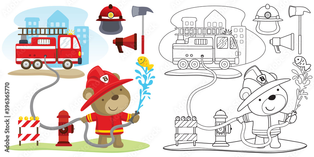 Wall mural funny fireman cartoon with firefighter equipment , coloring book or page