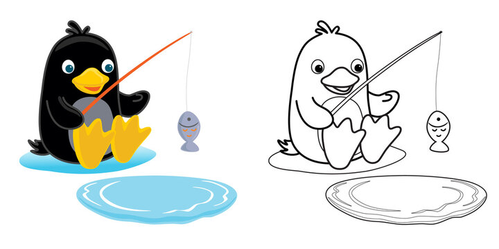 Coloring book or page with funny penguin cartoon fishing