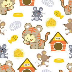 Seamless pattern of funny cat cartoon with mouse, fish, cheese and cat's cage