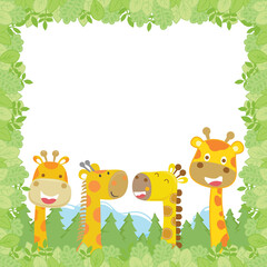 group of giraffe cartoon on leaves border frame