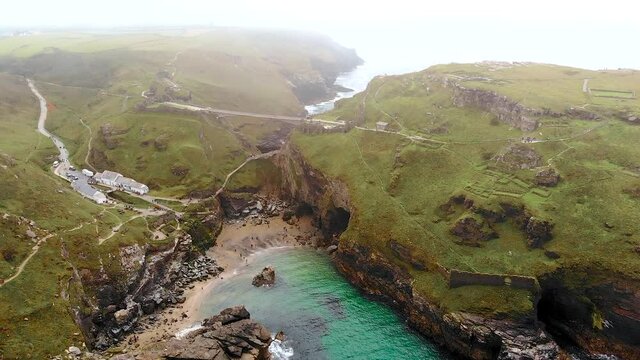 Aerial view of Tintagel castle in Cornwall, England, UK