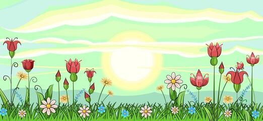 Blooming meadow with grass and flowers. Sky. The sun is on the horizon. Scenery. Cartoon style. Romantic fabulous illustration. Beautiful natural view. Wild plant nature. Rural scene. Vector