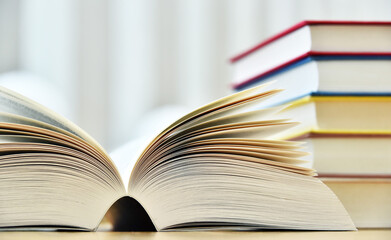 Books lying on the table in the public library