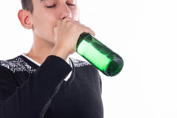 Young drunkard. Man and alcohol. White background.
