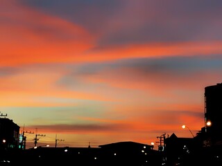 Blurred background,Orange sky and clouds in the evening