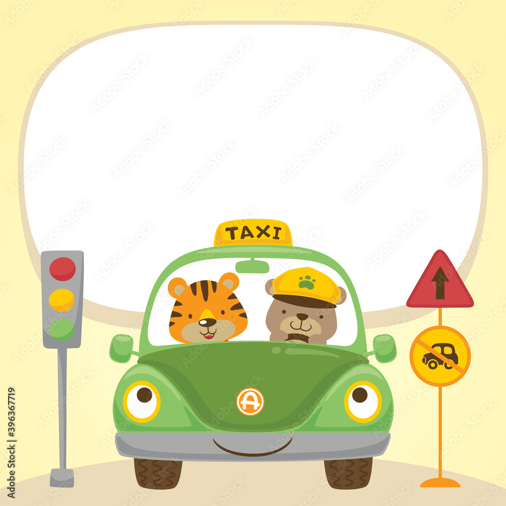 Wall mural vector cartoon of bear and tiger on car with traffic signs