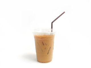 Iced coffee with straw in plastic cup isolated on white background