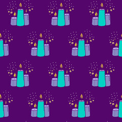 Wax candle seamless pattern. Burning wax light vector illustration. Hand drawn glim wallpaper. Meditation and relaxation concept. EPS 8