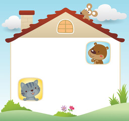 Animal cartoon frame border template  with white house. Bear and cat at the windows