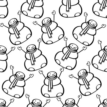 Doodle snowman seamless pattern. Christmas and New Year background with snowmen. Holiday hand drawn wallpaper. EPS 8