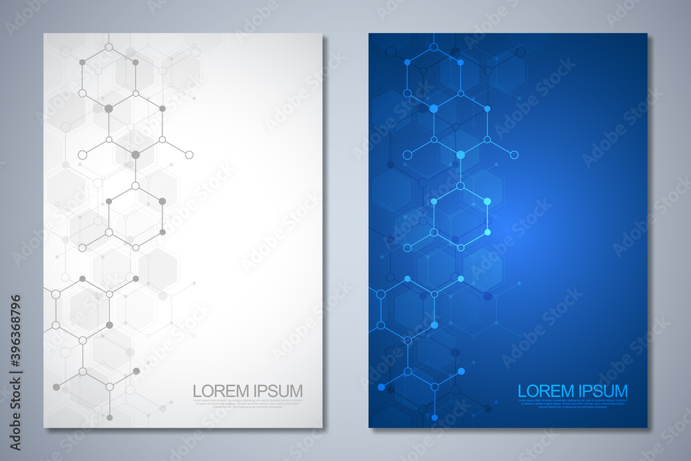 Poster template brochure or cover book, page layout, flyer design with molecular structures background and 