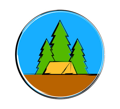 Stylized circle vector illustration with green spruces and yellow tent