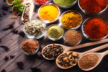 Variety of spices and herbs on kitchen table