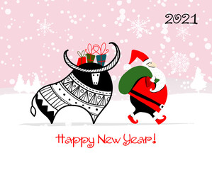 Happy new year 2021. Bull, ox, cow. Winter forest Background. Template for your design - poster, card, invitation