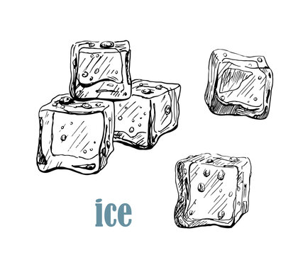 Vector ice cube set. Hand drawn line graphic element,black and white sketch. Illustration for menu,drinks