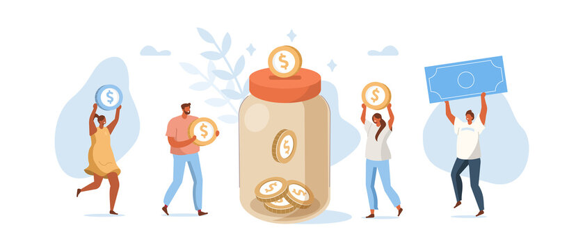 People Character Donate Money for Charity. Volunteers Collecting and Putting Coins and Banknotes in Donation Jar. Financial Support and Fundraising Concept. Flat Isometric Vector Illustration.