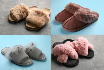 Collage with soft slippers on different backgrounds
