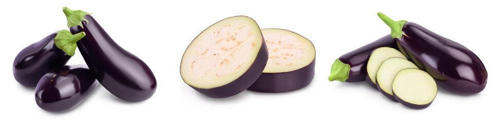 Eggplant or aubergine isolated on white background with clipping path and full depth of field. Set or collection