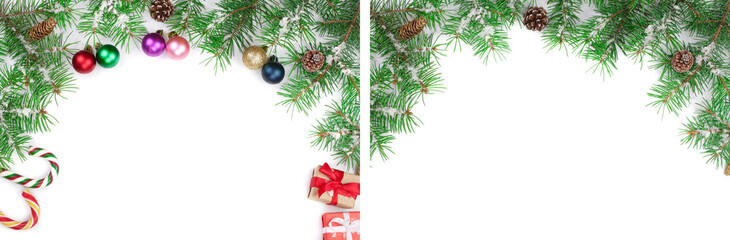 Christmas frame decorated isolated on white background with copy space for your text. Top view.