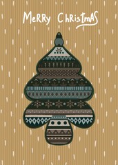 Illustration of Christmas tree with different patterns and inscriptions. Merry Christmas postcard on striped background with snowflakes. Flat style illustration. Winter holiday. New year mood.