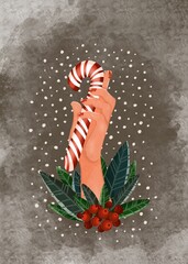 Illustration with female hand holding lollipop on snow background. Leaves and berries at hand. Striped Christmas candy cane. New year's card or poster.