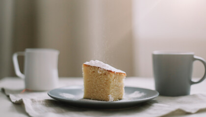 Piece of homemade cake with a cup of cappuccino on table with linen tablecloth. Morning breakfast. Top view, flat lay, copy space