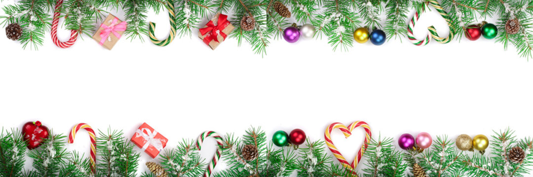 Christmas frame decorated isolated on white background with copy space for your text. Top view.