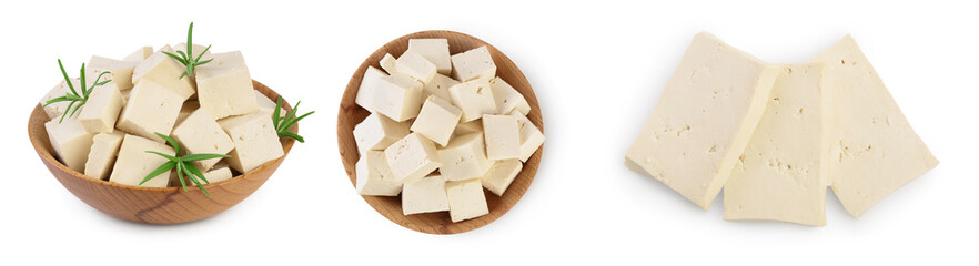 tofu cheese isolated on white background with clipping path and full depth of field, Set or collection - obrazy, fototapety, plakaty