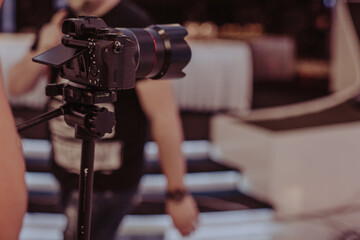 Fototapeta na wymiar Professional camera on set, recording music spot