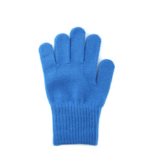 Blue woolen glove on white background, top view. Winter clothes