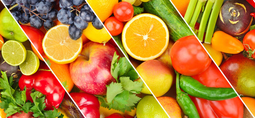 fruits and vegetables background. Collage. Wide photo.