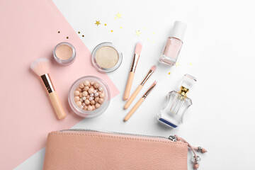 Flat lay composition with decorative cosmetic products on color background. Winter care