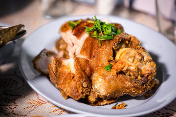 Pork hock in German with sauces delicious food. Deep fried pork knuckle ,Thai style serve with seafood sauce.