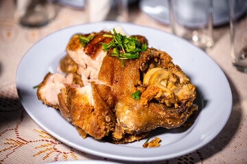 Pork hock in German with sauces delicious food. Deep fried pork knuckle ,Thai style serve with seafood sauce.